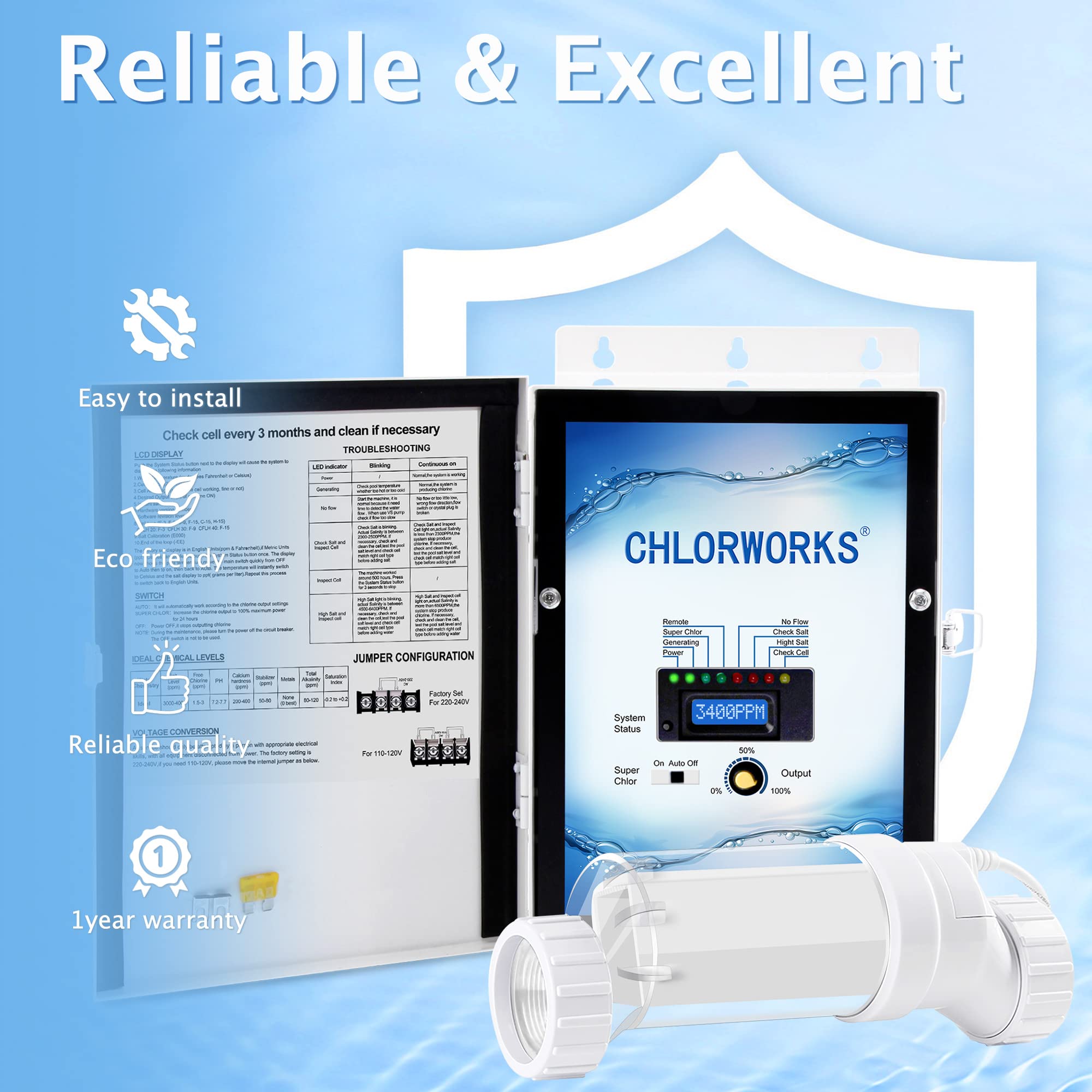 Chlorworks Saltwater Pool System - up to 40,000 Gallons, Salt Generator for Inground Pools, 1 Year Warranty