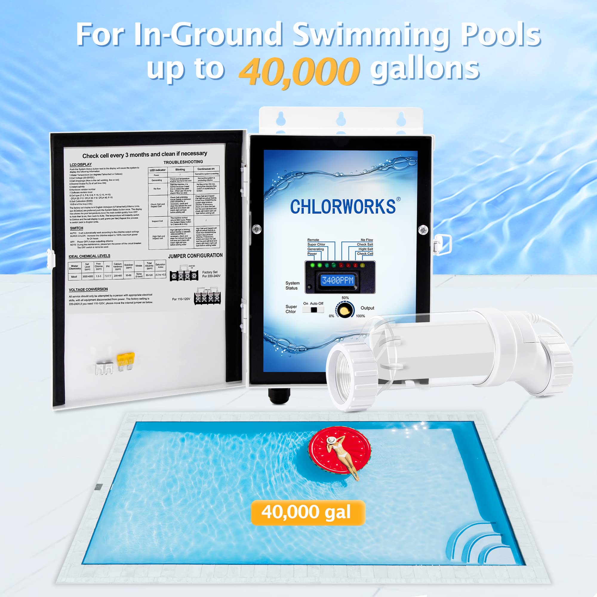 Chlorworks Saltwater Pool System - up to 40,000 Gallons, Salt Generator for Inground Pools, 1 Year Warranty