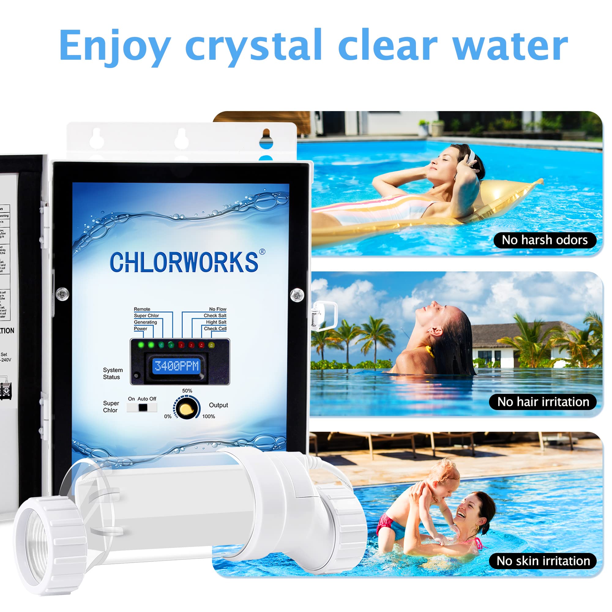 Chlorworks Saltwater Pool System - up to 40,000 Gallons, Salt Generator for Inground Pools, 1 Year Warranty
