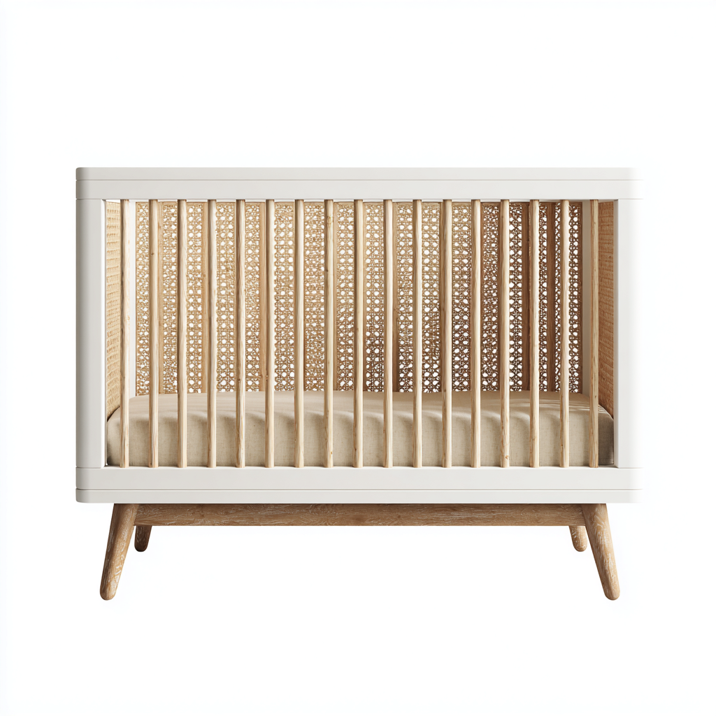 Lettino per bambini in legno verniciato e rattan naturale 120x60x96 cm - bianco marrone naturale - design naturale per cameretta-Lomongahome