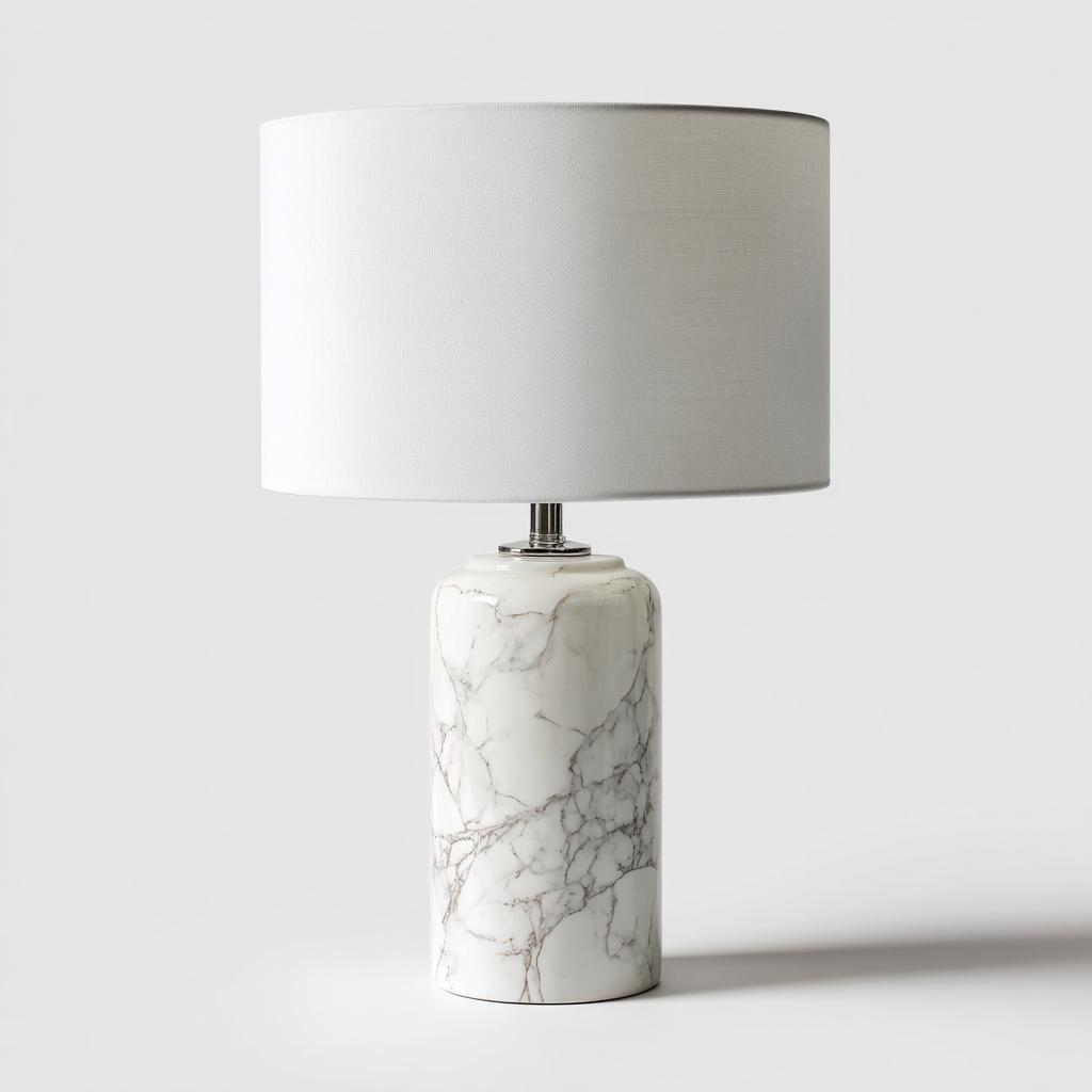 Lampada da tavolo in marmo e tessuto 30x30x50 cm - bianco - design moderno per soggiorno e camera-Lomongahome