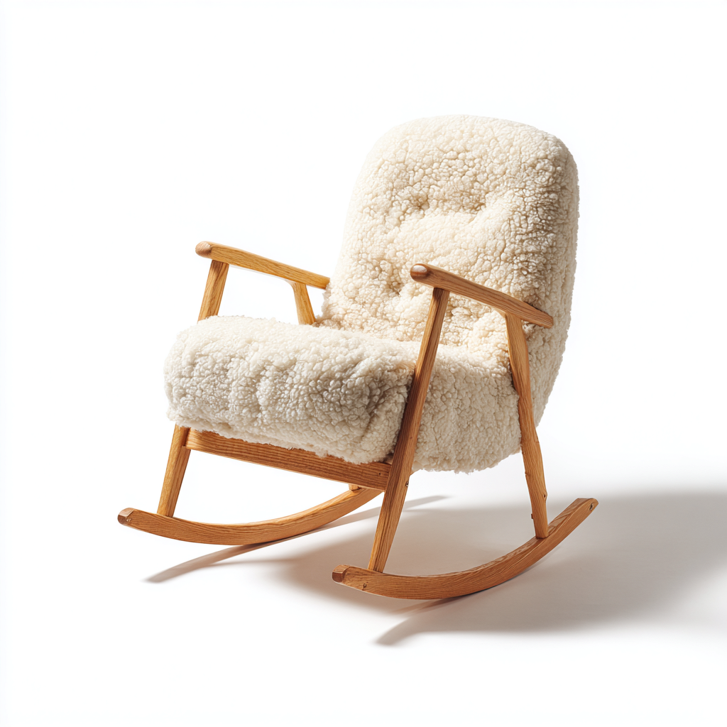 Sedia a dondolo in legno e tessuto effetto bouclé imbottito 86x70x92 cm - beige - design nordico per soggiorno-Lomongahome