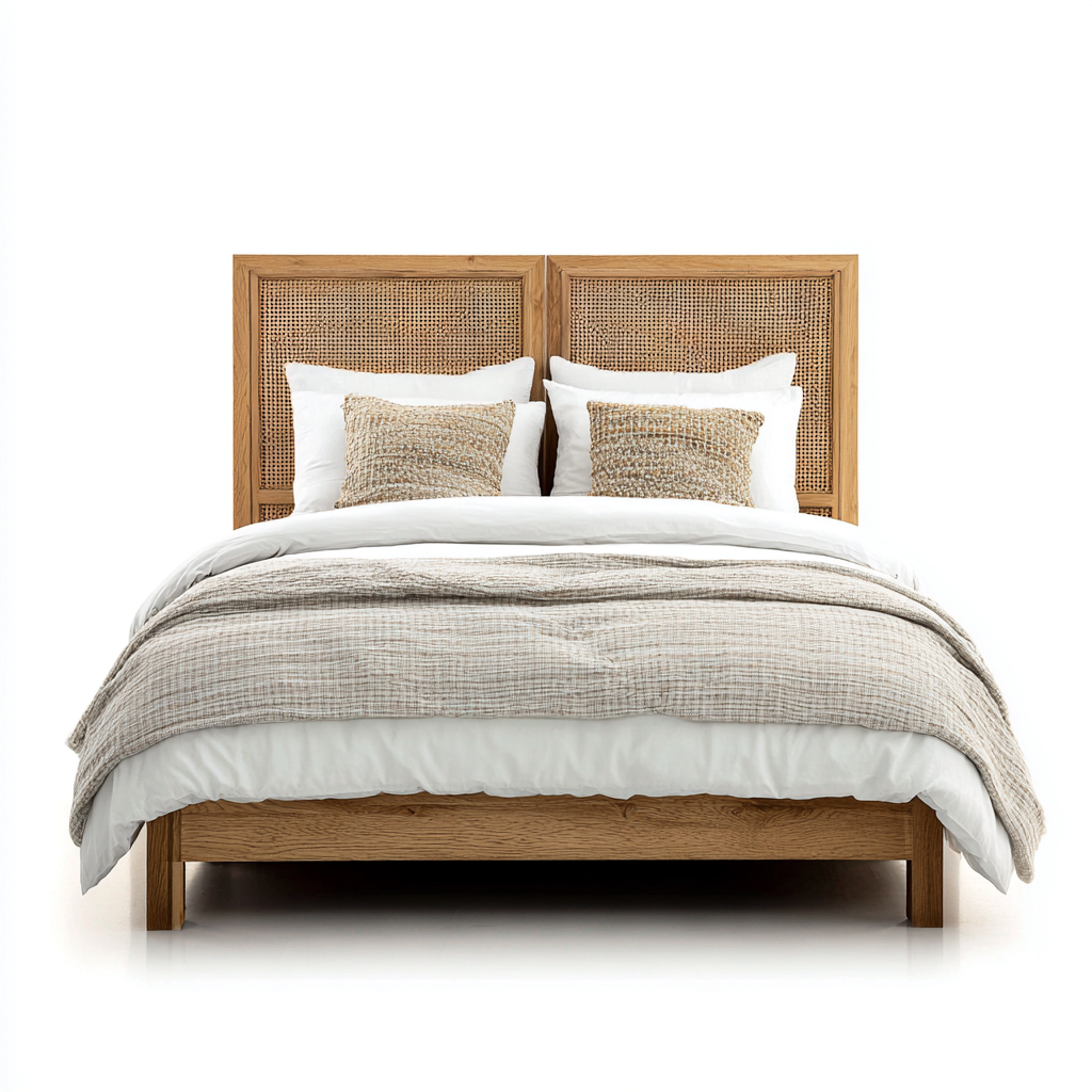 Letto matrimoniale in legno con testiera in rattan 200x180x128 cm - marrone - design naturale per camera da letto-Lomongahome