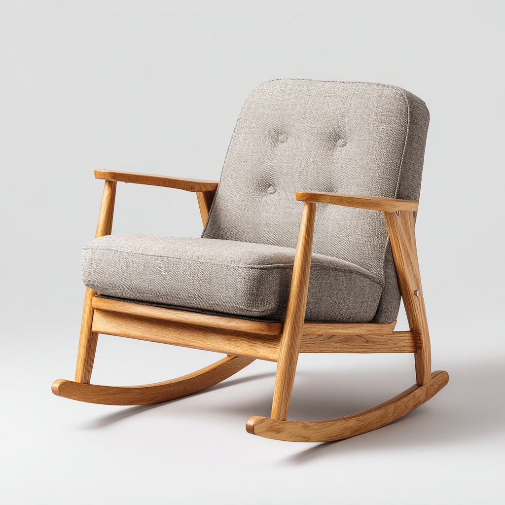 Sedia a dondolo in legno e tessuto imbottito 86x68x92 cm - beige - design nordico per soggiorno-Lomongahome