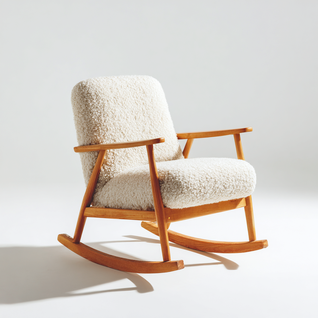 Sedia a dondolo in legno e tessuto effetto bouclé imbottito 90x74x96 cm - beige - design nordico per soggiorno-Lomongahome