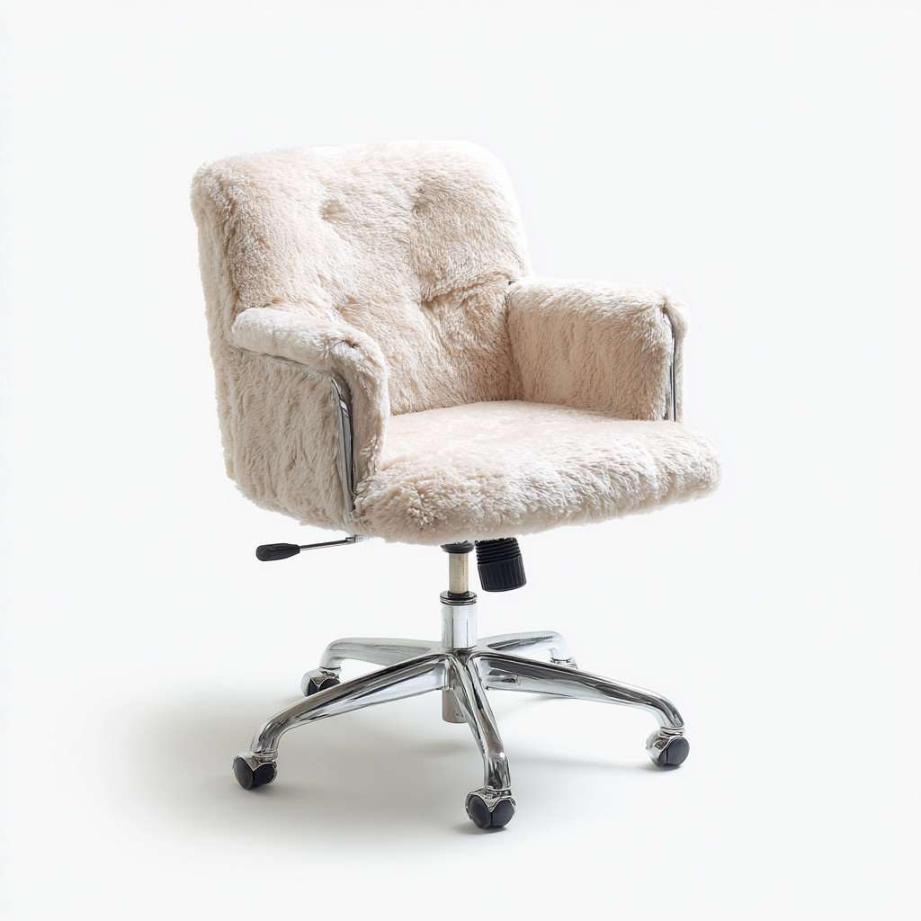 Sedia da ufficio imbottita in tessuto bouclé color crema 63x63x99-109 cm per lavoro e studio - stile moderno confortevole con braccioli e base girevole-Lomongahome