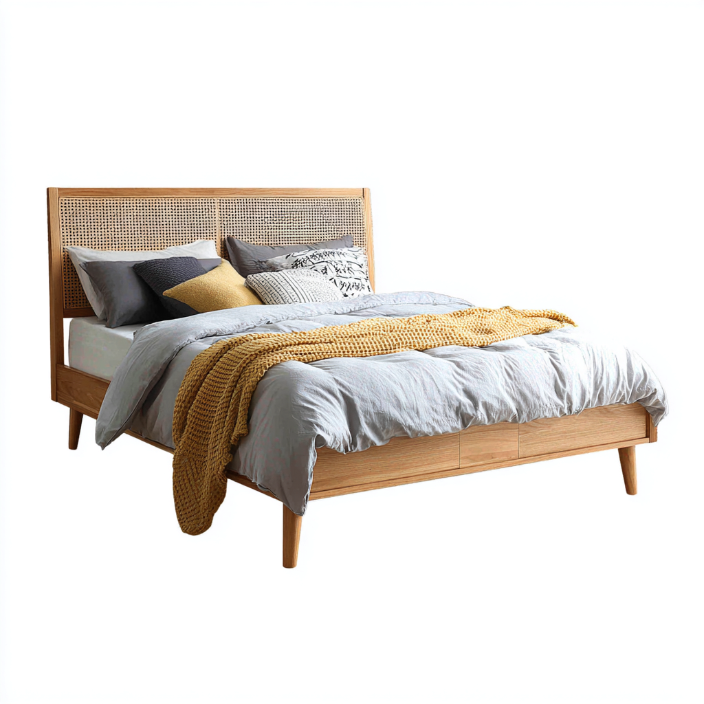 Letto matrimoniale in legno con testiera in rattan 200x180x132 cm - marrone - design naturale per camera da letto-Lomongahome
