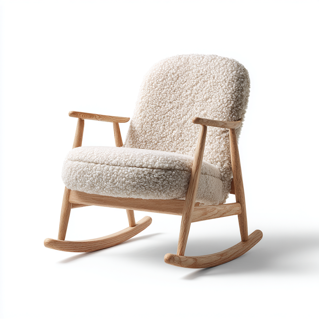 Sedia a dondolo in legno e tessuto effetto bouclé imbottito 88x72x94 cm - beige - design nordico per soggiorno-Lomongahome