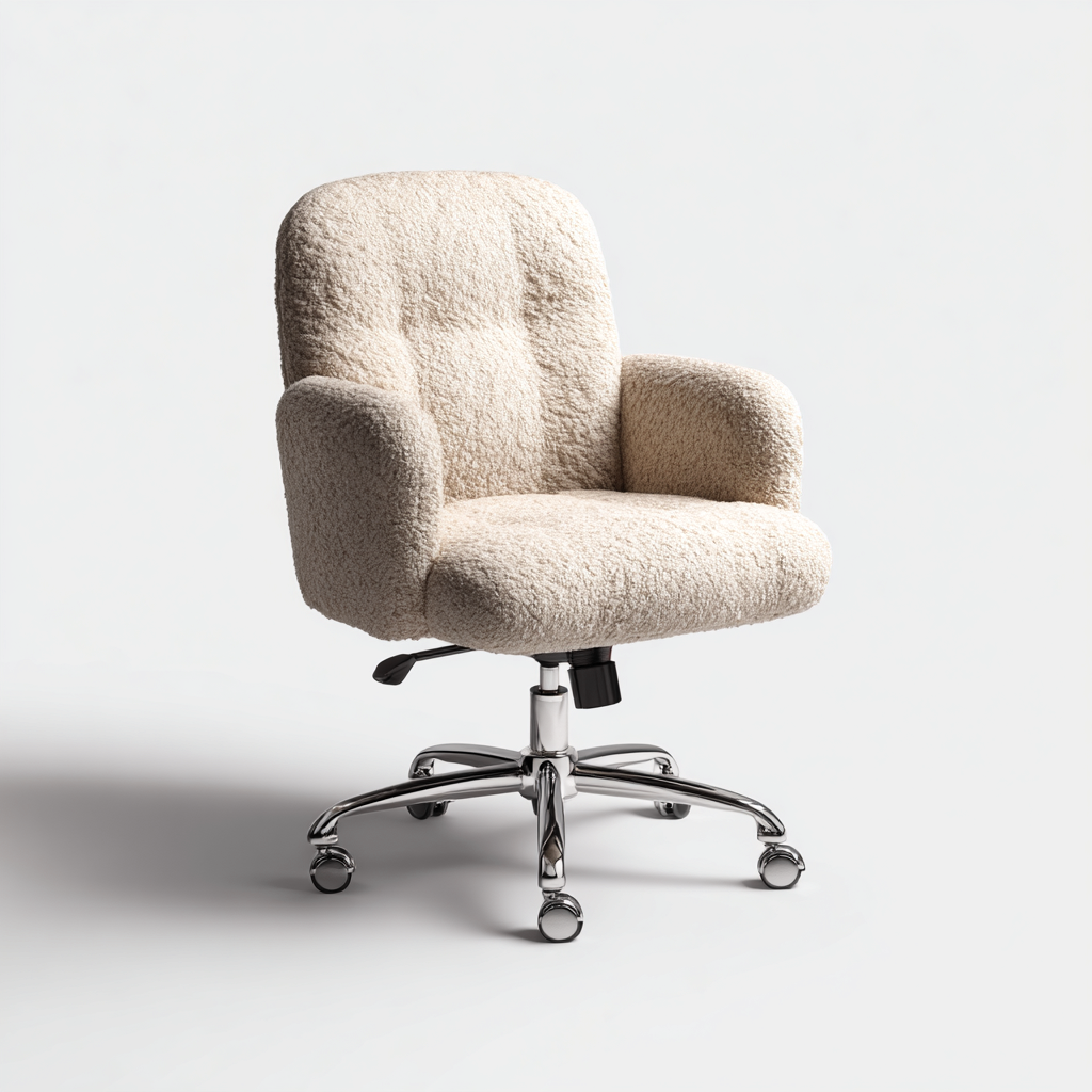 Sedia da ufficio imbottita in tessuto bouclé color crema 62x62x98-108 cm per lavoro e studio - stile moderno confortevole con braccioli e base girevole-Lomongahome