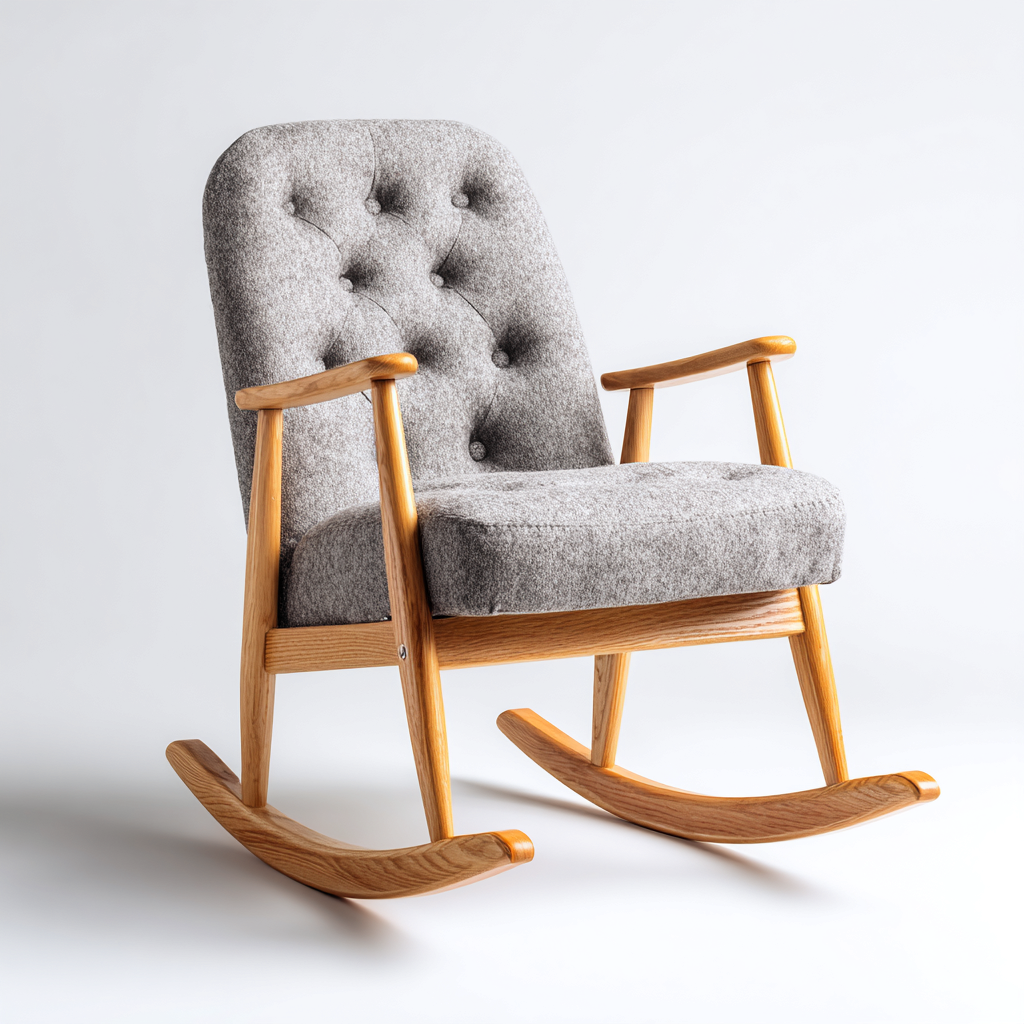 Sedia a dondolo in legno e tessuto imbottito 90x72x96 cm - grigio medio - design retrò per soggiorno-Lomongahome