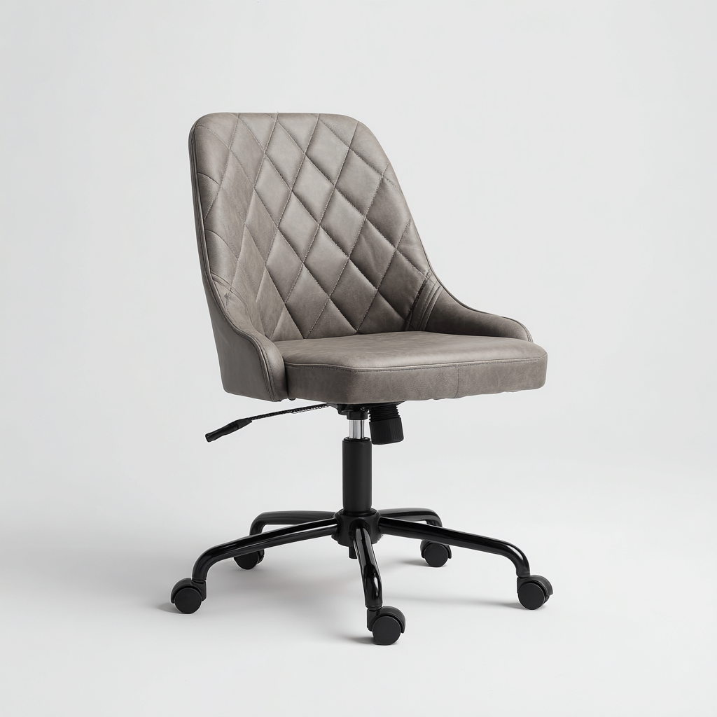 Sedia da ufficio imbottita in ecopelle grigia 66x66x102-112 cm per lavoro e studio - stile moderno ergonomico con schienale trapuntato e base girevole-Lomongahome