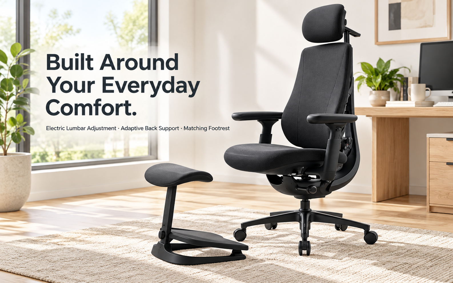 Black electric ergonomic office chair with matching independent footrest in a bright home office
