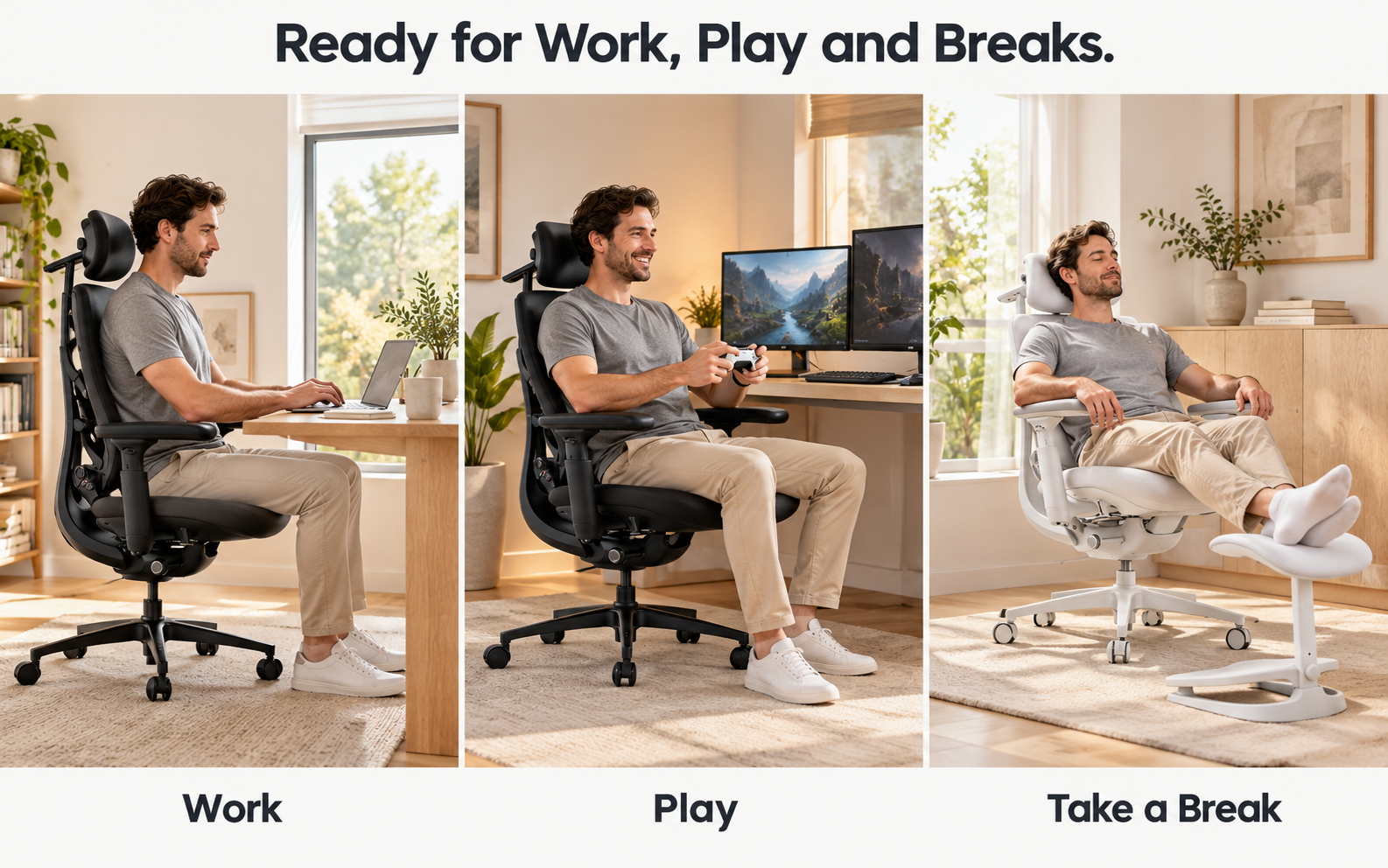 Lifestyle scenes showing the ergonomic chair used for office work, gaming and relaxation