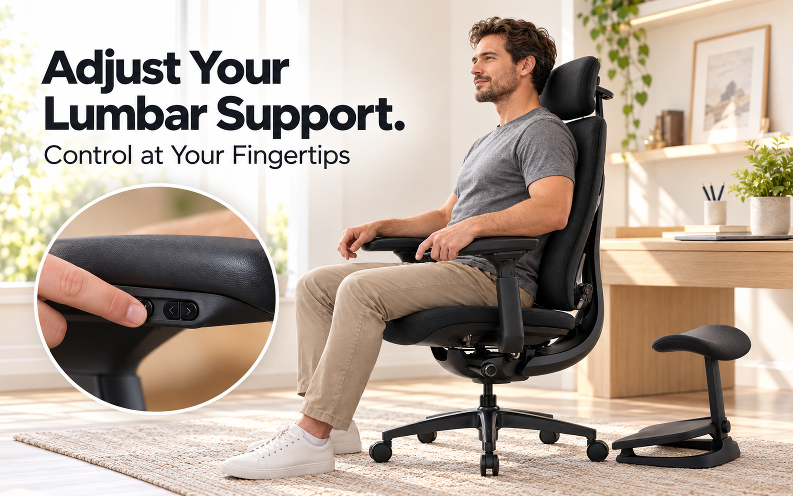 Seated user adjusting the electric lumbar support with a close-up of the chair controls