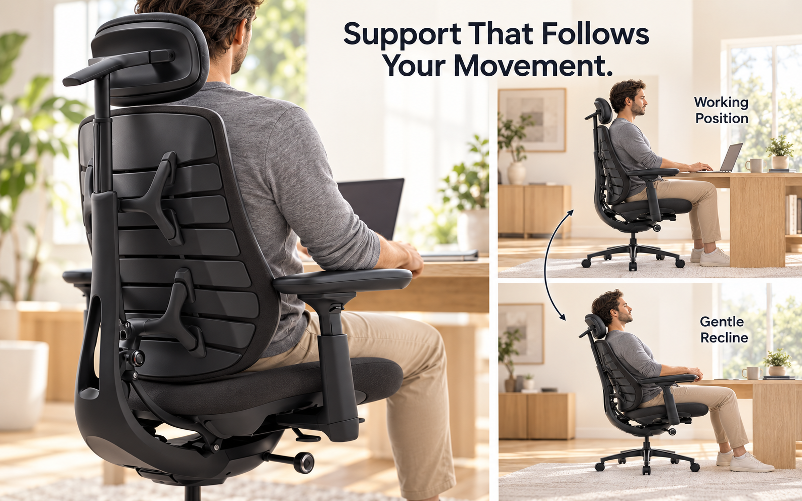 Segmented chair back structure shown alongside upright and gently reclined sitting positions
