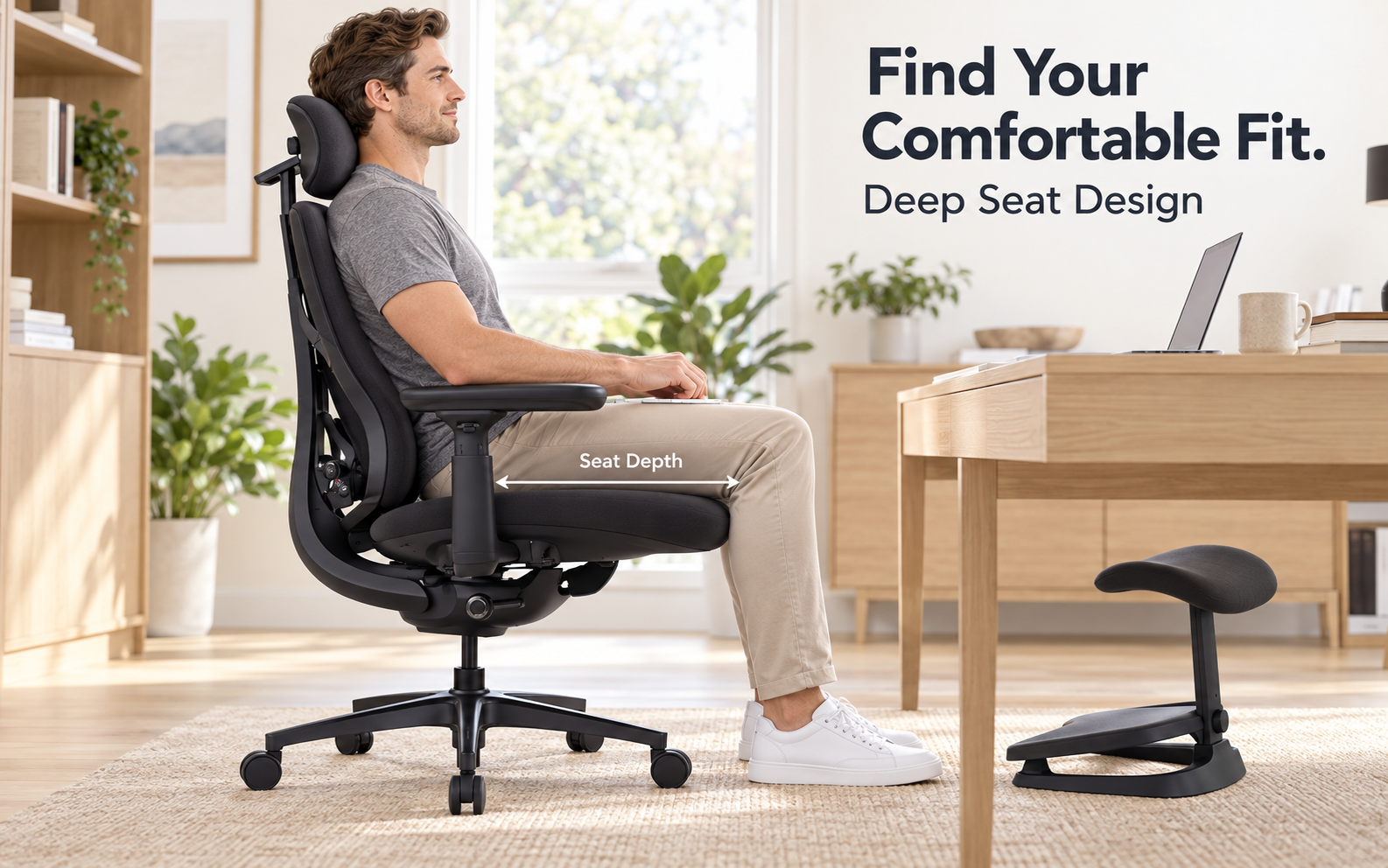 Side view of a seated user showing the chair seat depth and feet resting on the floor