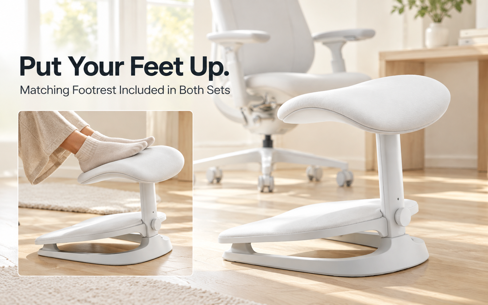 White independent footrest with curved padded top and matching white chair