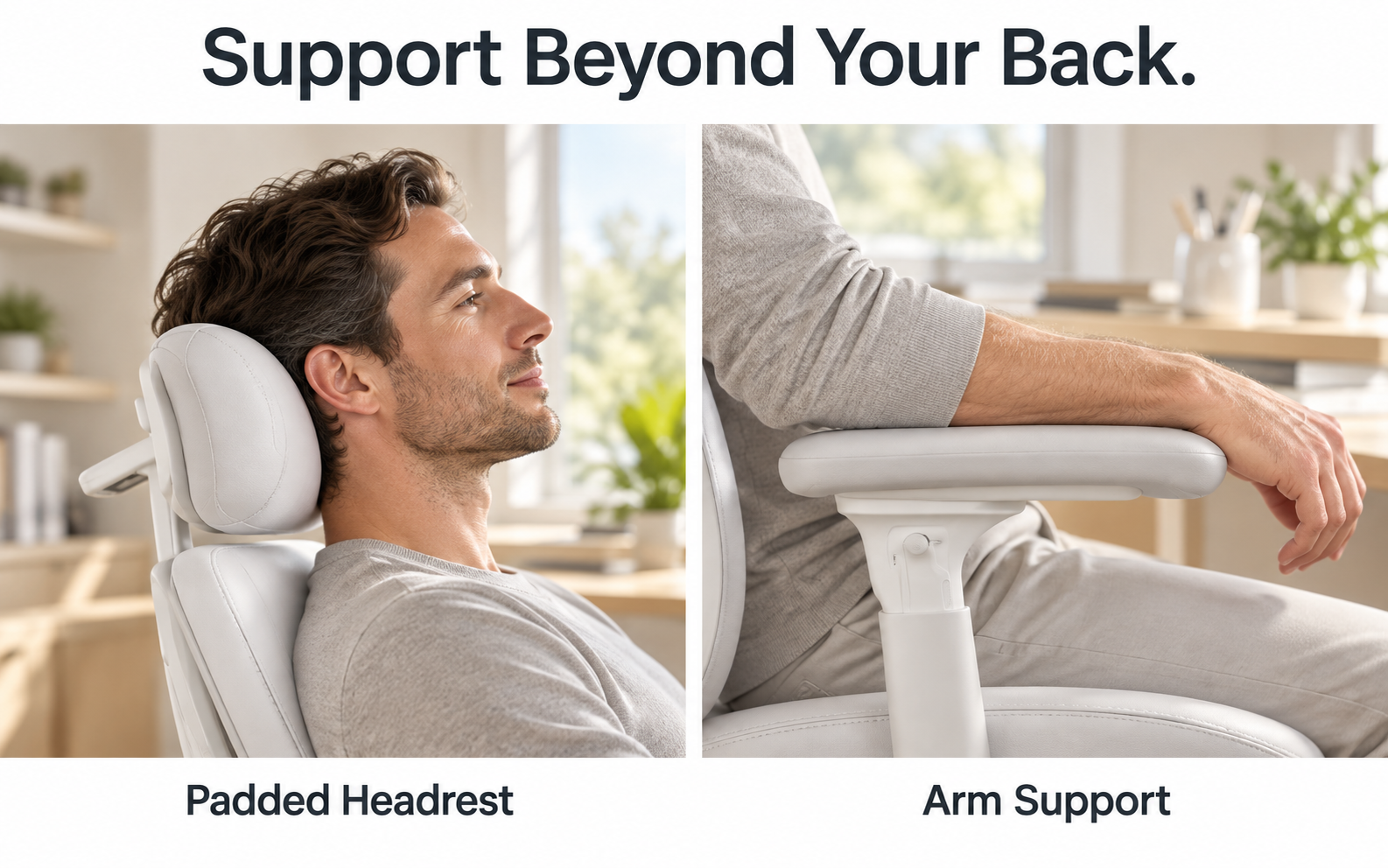 Close-ups of the white chair padded headrest and arm support during use
