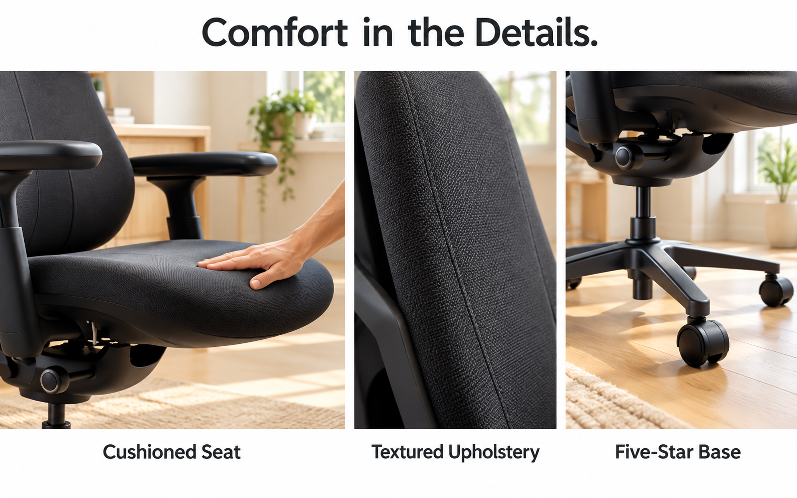 Close-ups of the black chair cushioned seat, textured upholstery and five-star wheeled base