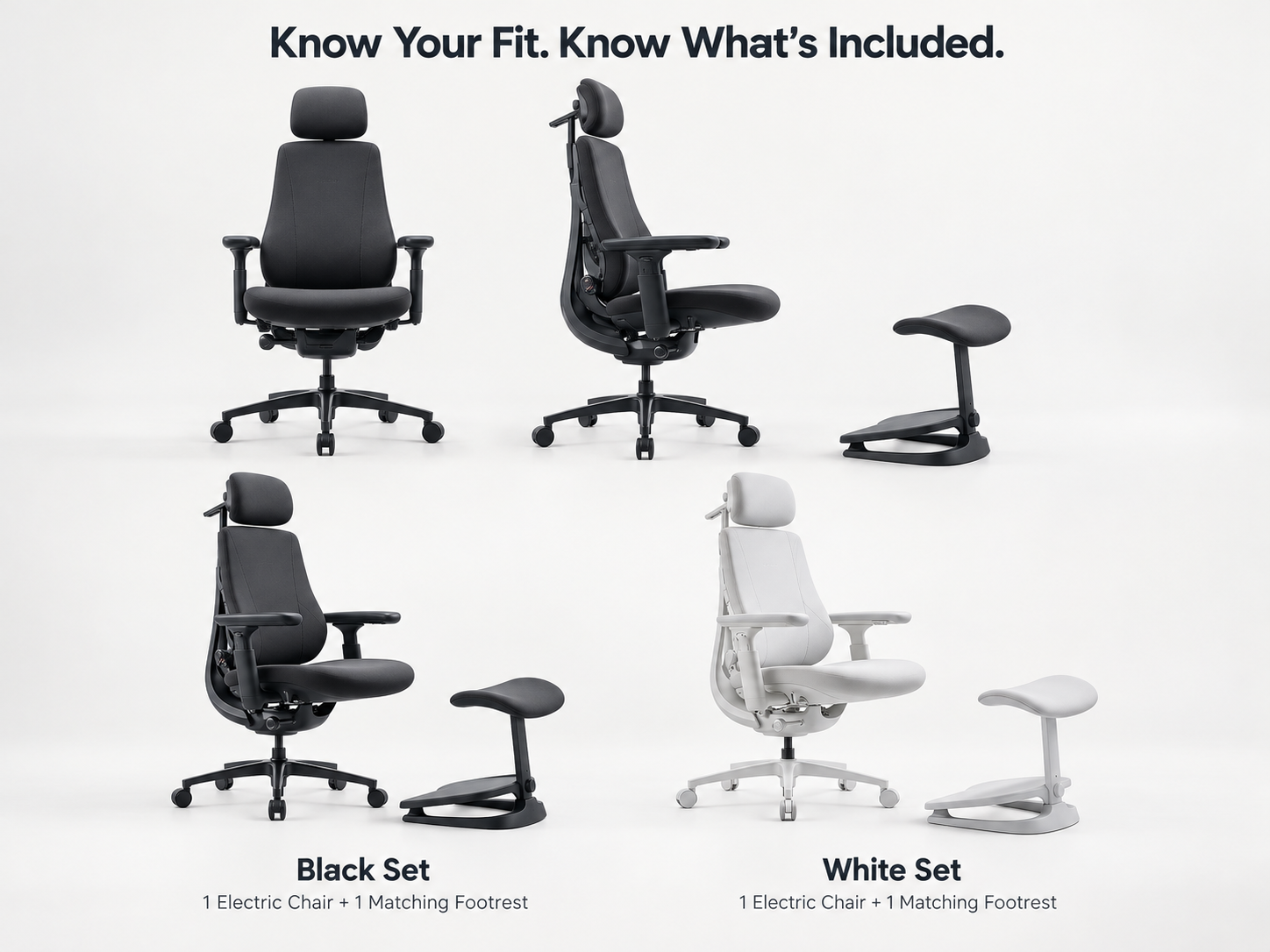 Front and side chair views with black and white electric chair and footrest sets
