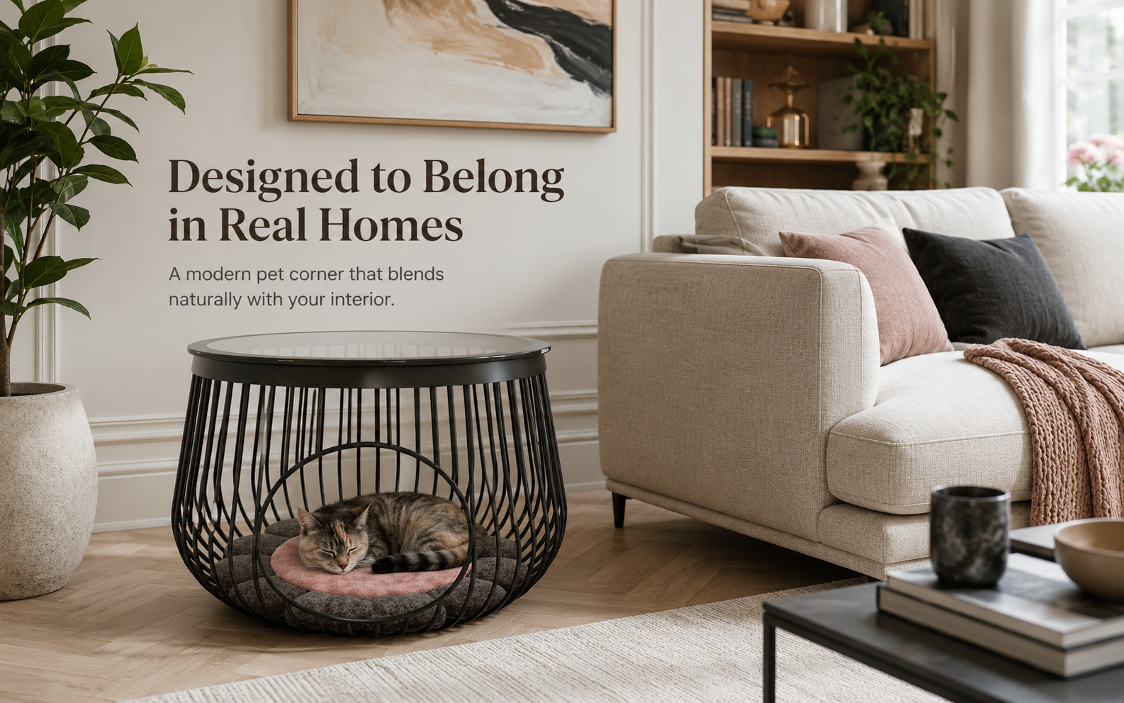 Glass top metal frame circular entrance and plush cushion details