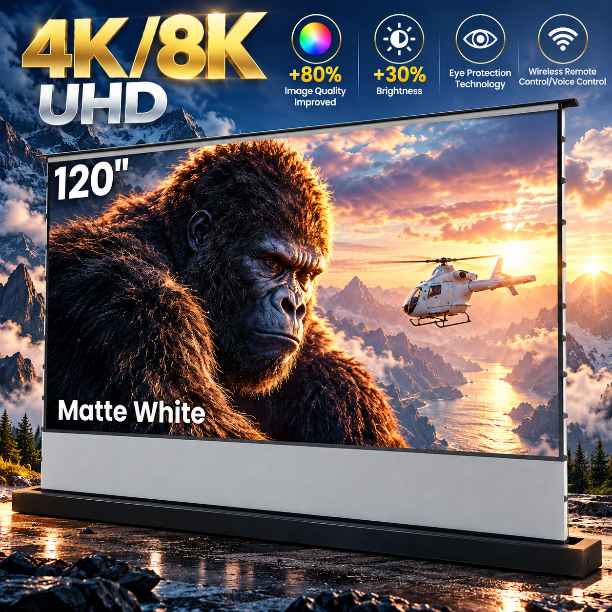 🔥 100" Electric Rising Projector Screen – 4K/8K Ultra HD, Matte White, Active 3D 🎬✨