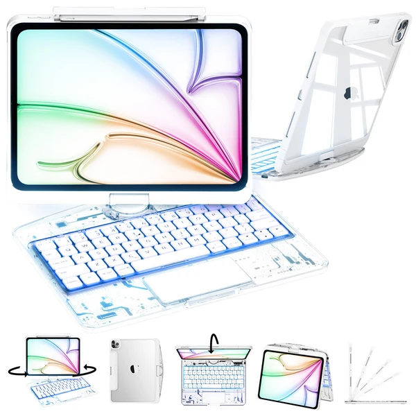 360° Rotating Transparent iPad Keyboard Case with Trackpad & Backlit Keys