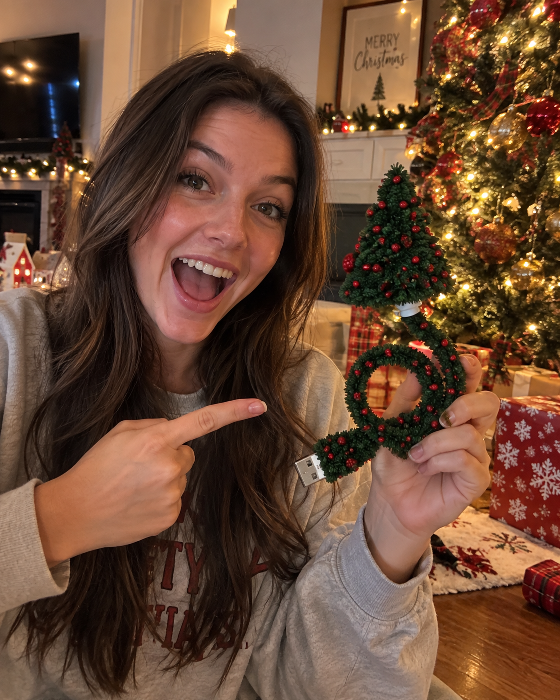 Customer holding Christmas USB decoration