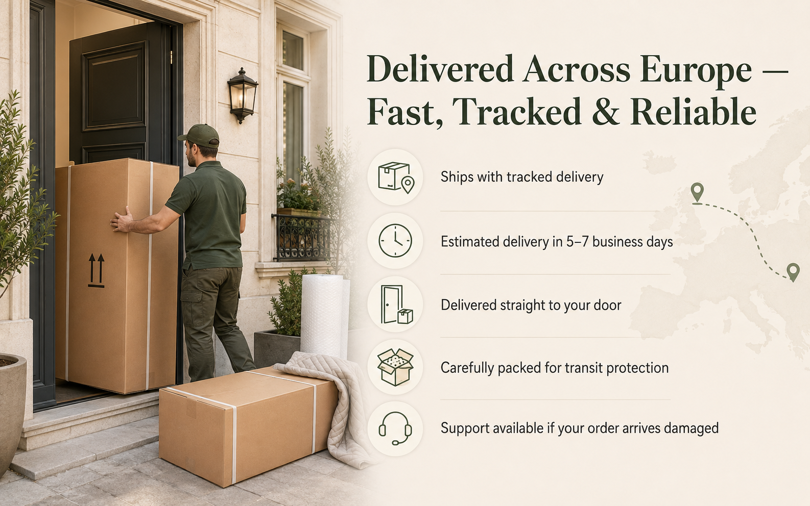 Delivered across Europe with tracked delivery, 5 to 7 business day estimated delivery and transit protection