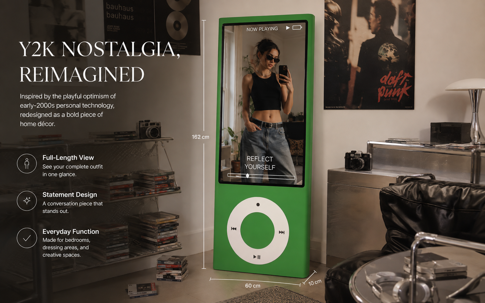 Retro full-length mirror in a Y2K inspired interior