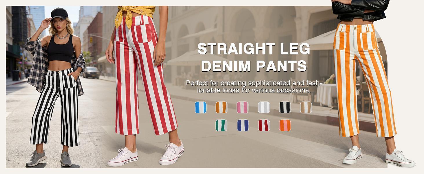 Cicy Bell Womens Cropped Striped Jeans Casual High Waisted Stretchy Polka Dots Straight Leg Denim Pants with Pockets