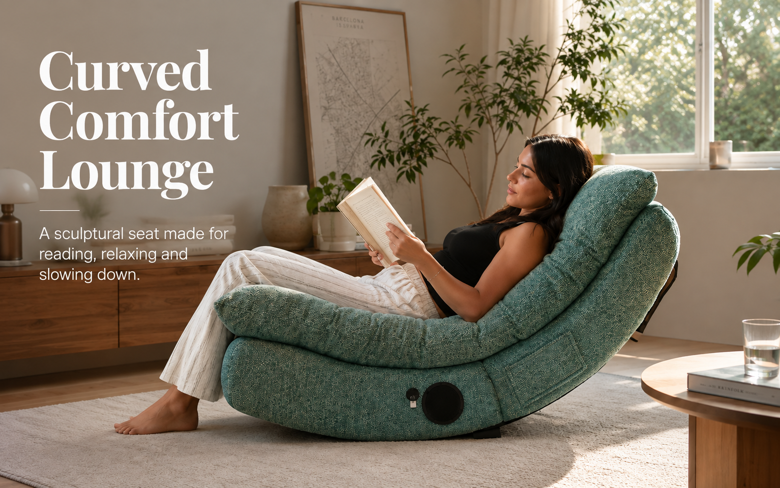 Curved lounge chair lifestyle and size reference