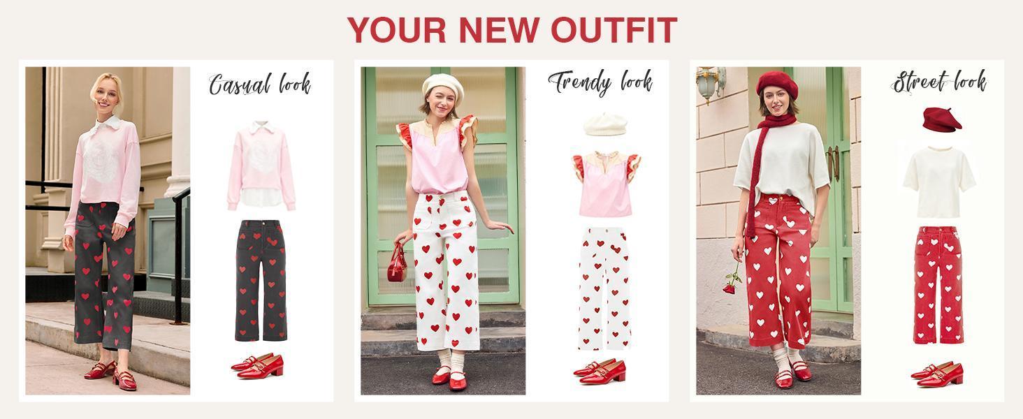 Cicy Bell Womens Cropped Striped Jeans Casual High Waisted Stretchy Polka Dots Straight Leg Denim Pants with Pockets