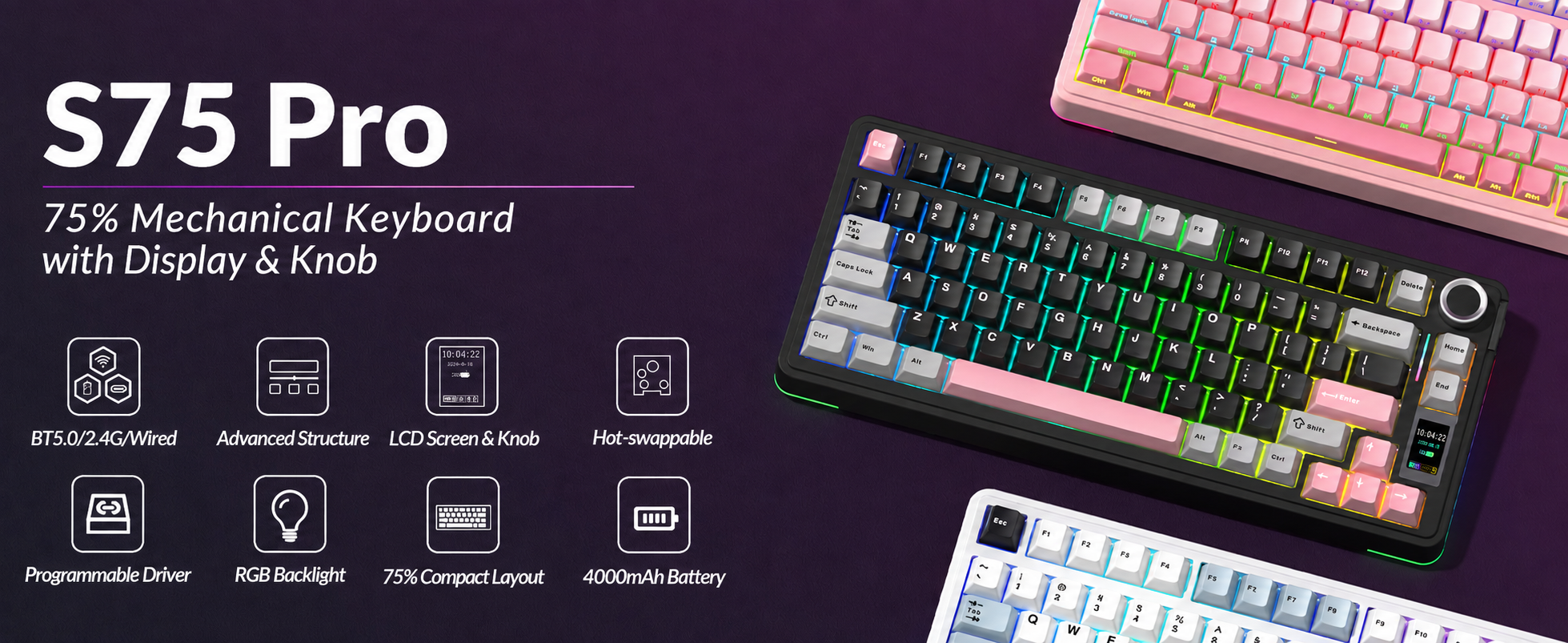 75 Percent Wireless Mechanical Keyboard with Screen and Knob