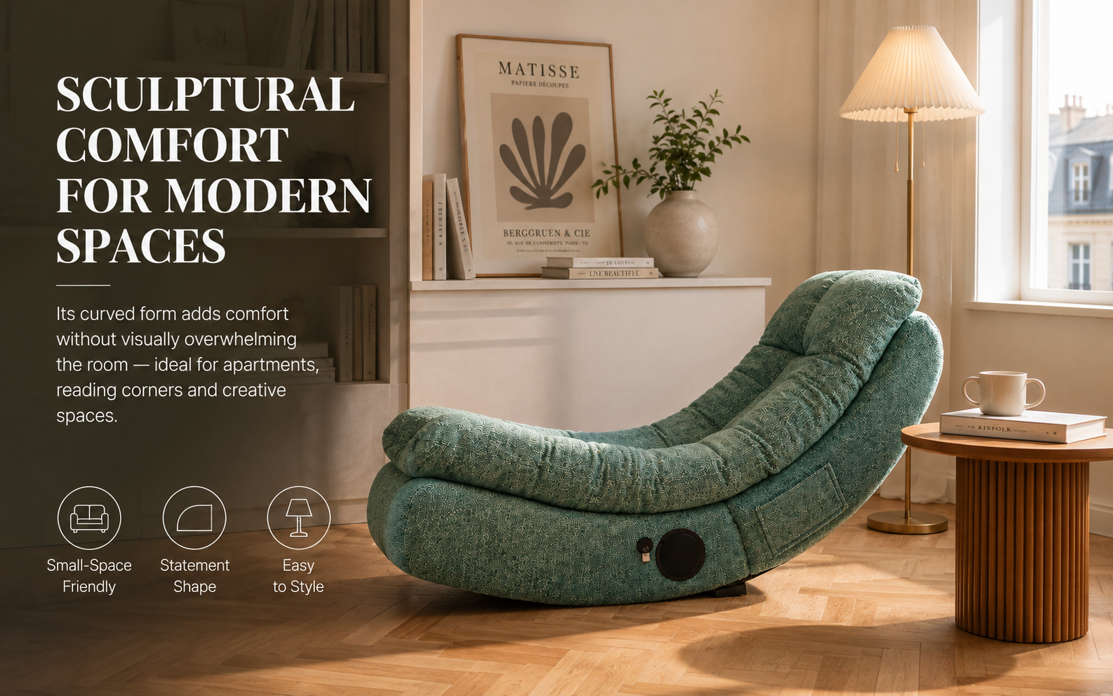 Curved lounge chair fabric texture and cushion detail