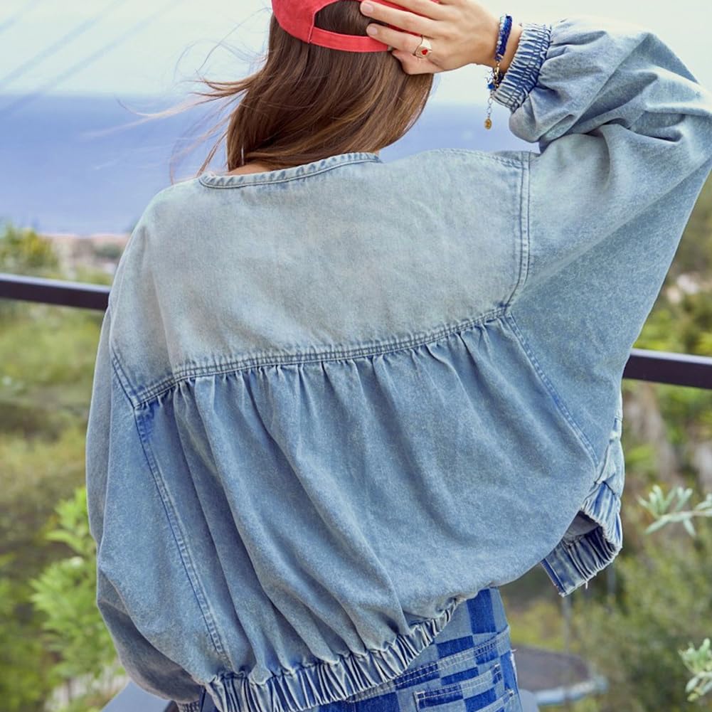 Chouyatou Women's Spring & Autumn Floral Denim Jacket Y2K Casual Loose Short Coat with Pockets,back to school,back to school shopping