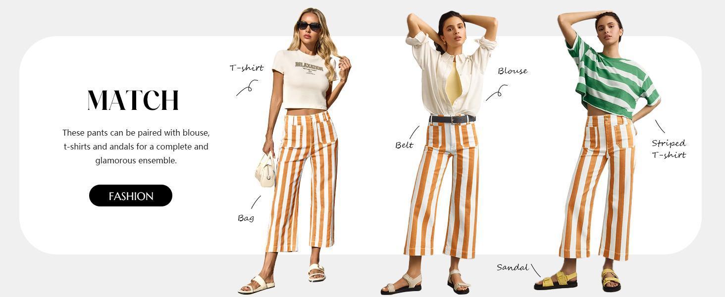 Cicy Bell Womens Cropped Striped Jeans Casual High Waisted Stretchy Polka Dots Straight Leg Denim Pants with Pockets