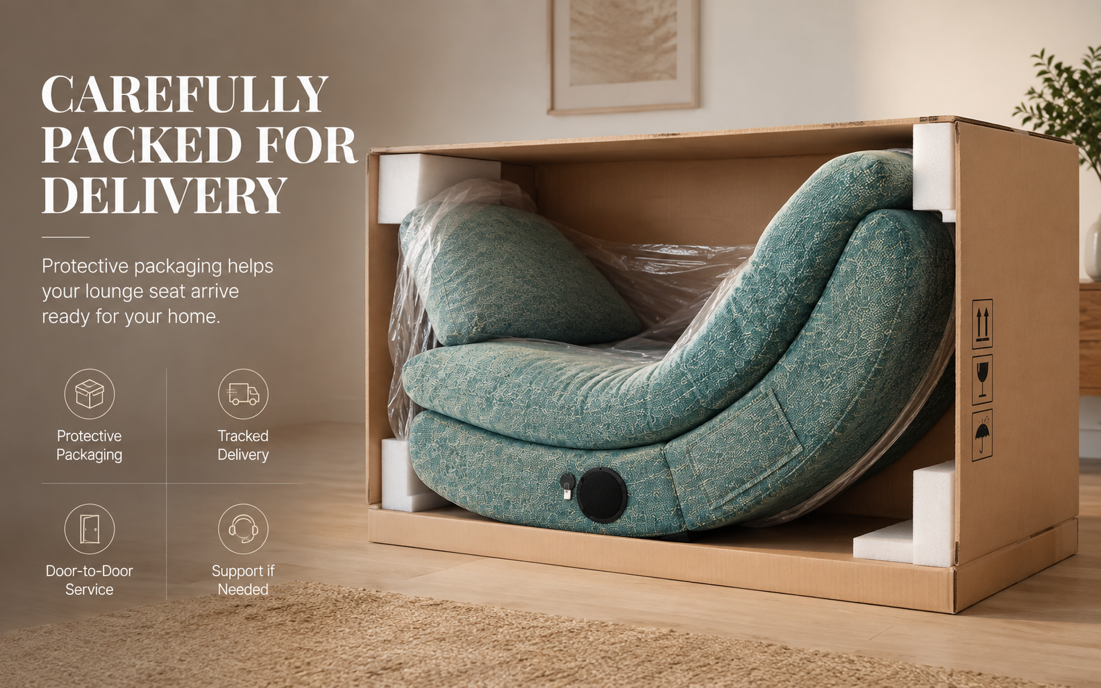 Curved lounge chair protected packaging for delivery
