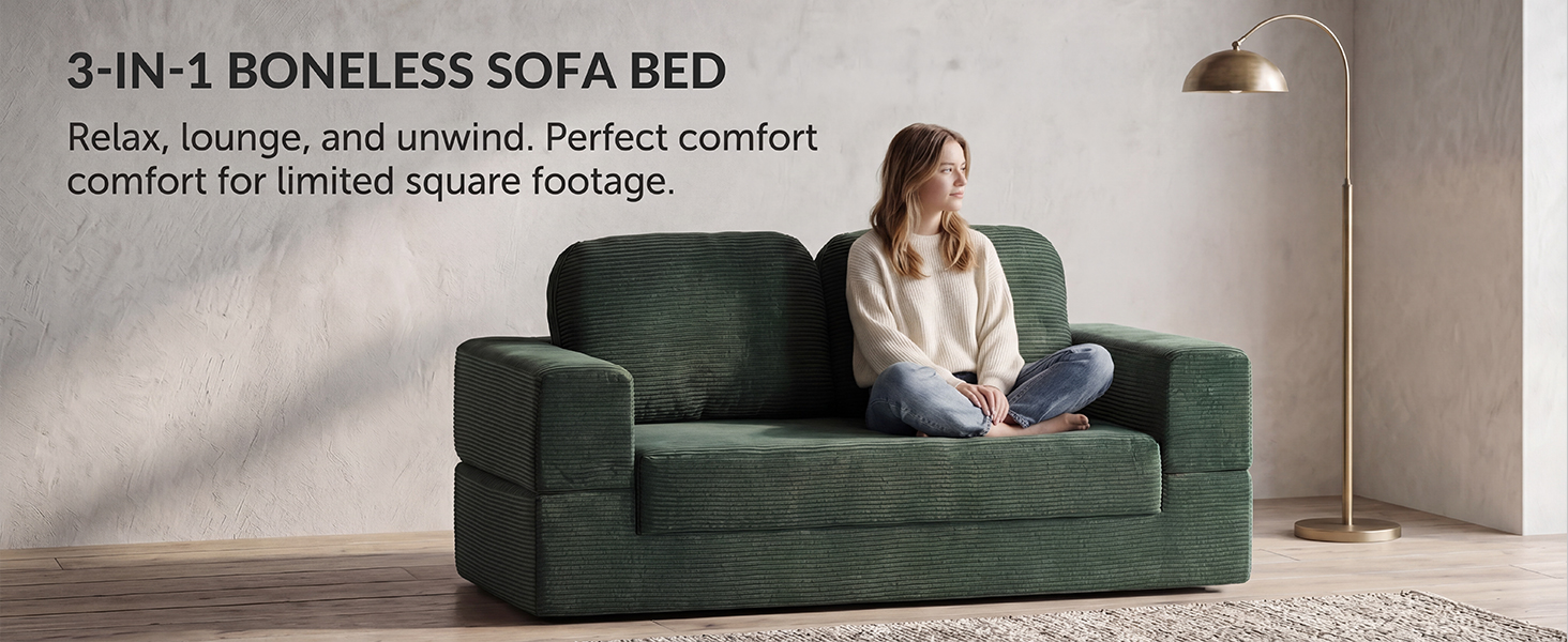 Green compact convertible sofa bed in a modern minimalist living room setting.