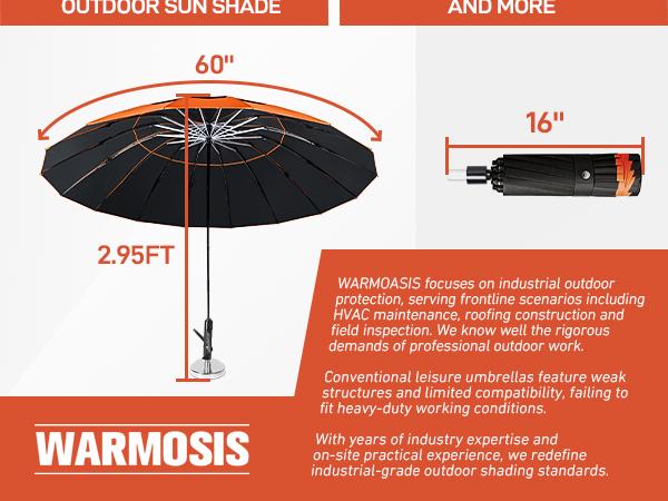 【Upgraded】60" Folding 16 Ribs Magnetic Umbrella,Designed for Outdoor Work,600lb Strong Suction Hvac Umbrella With Magnetic Base & Clamp,Inverted Ribs,2-in-1 Sun & Rain Protection,Portable for HVAC