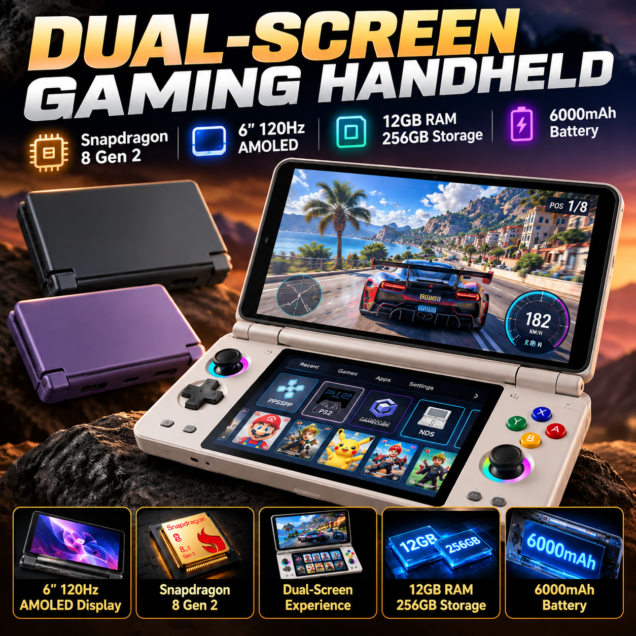 🎮 Dual-Screen Gaming Handheld – Snapdragon 8 Gen 2, 6″ 120Hz AMOLED, 12GB RAM + 256GB Storage 🔥