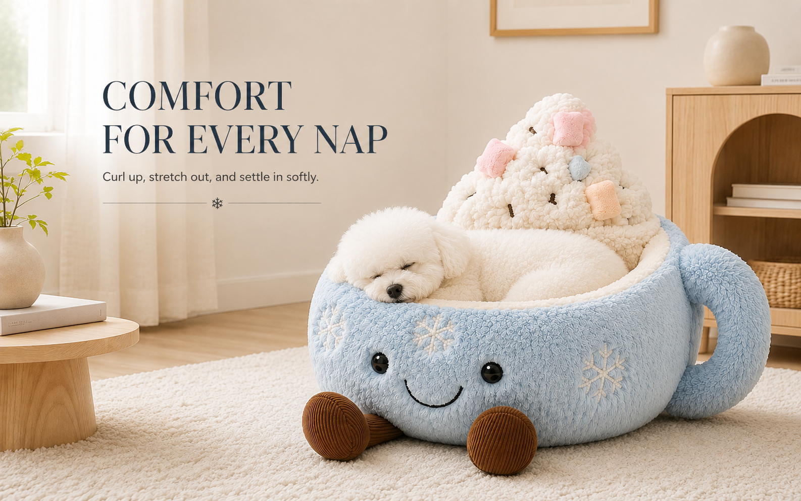 Dog relaxing in oversized plush cup shaped pet bed