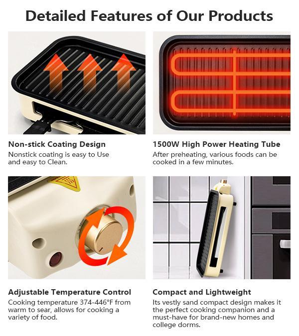 Pukomc 1500W Smokeless Grills - Electric Nonstick Griddle Grill with Extended Removable Plates, Adjustable Temp Control, 4 Mini Raclette Pans, Compact Apartment Kitchen Supply, Mess-Free Easy-Clean Accessory