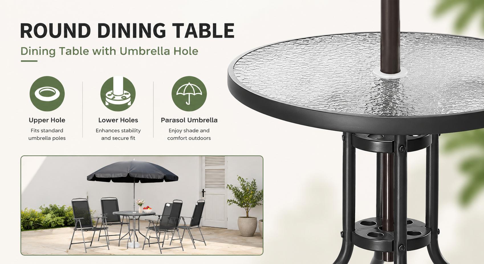 6 Piece Patio Dining Set for 4 with Umbrella, Outdoor Table and Chairs with 4 Folding Dining Chairs & Round Glass Table for Garden, Backyard and Poolside, Black and Coffee