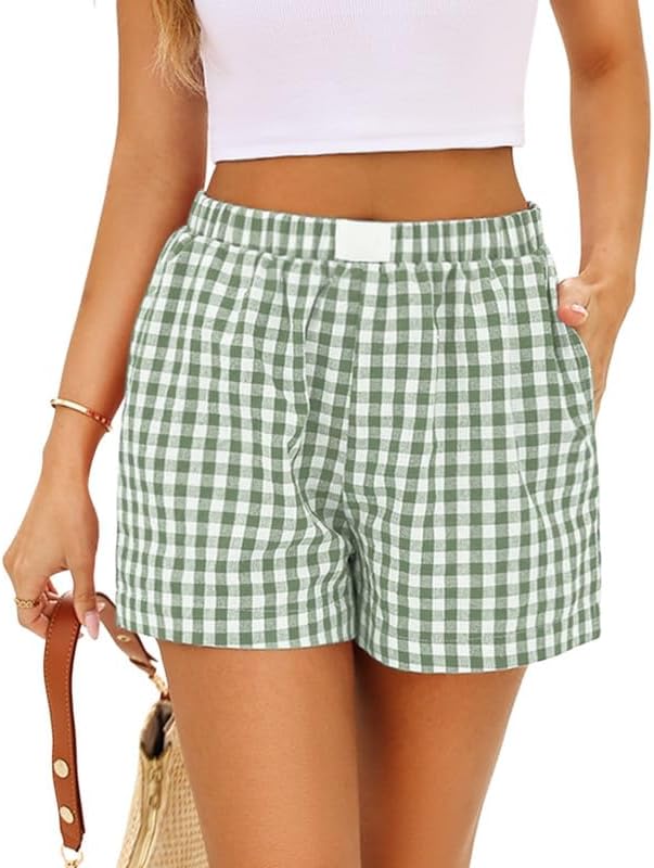 Marvmys Womens Boxer Pajama Shorts Cotton Gingham Shorts with Pockets S-2XL