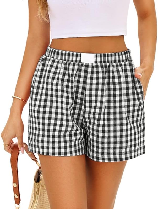 Marvmys Womens Boxer Pajama Shorts Cotton Gingham Shorts with Pockets S-2XL
