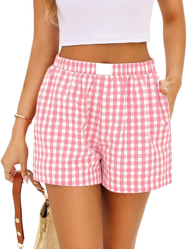 Marvmys Womens Boxer Pajama Shorts Cotton Gingham Shorts with Pockets S-2XL