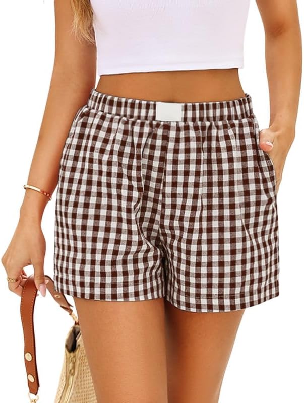 Marvmys Womens Boxer Pajama Shorts Cotton Gingham Shorts with Pockets S-2XL