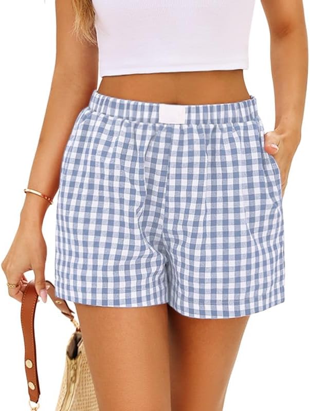 Marvmys Womens Boxer Pajama Shorts Cotton Gingham Shorts with Pockets S-2XL