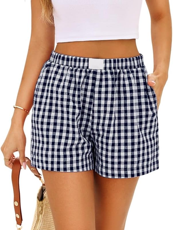 Marvmys Womens Boxer Pajama Shorts Cotton Gingham Shorts with Pockets S-2XL
